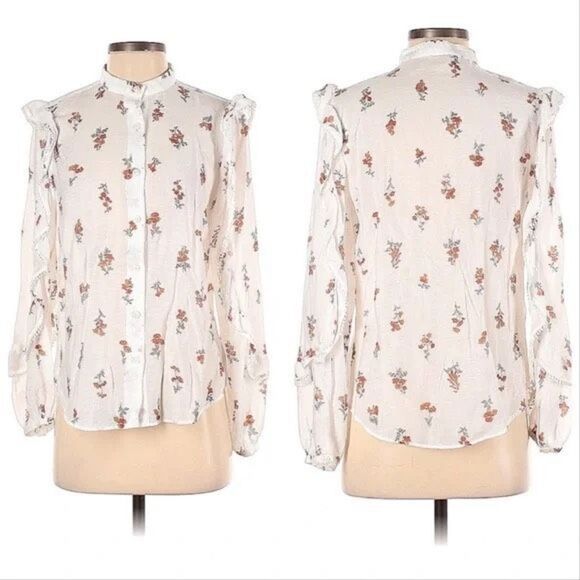 Ann Taylor Floral Feminine Blouse Semi-Sheer Linen Blend Ruffle Sleeve White XL - Picture 2 of 16